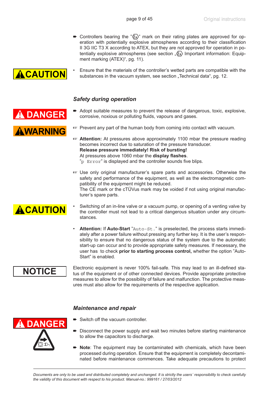 Safety during operation, Maintenance and repair, Notice | VACUUBRAND VNC 2 User Manual | Page 9 / 45
