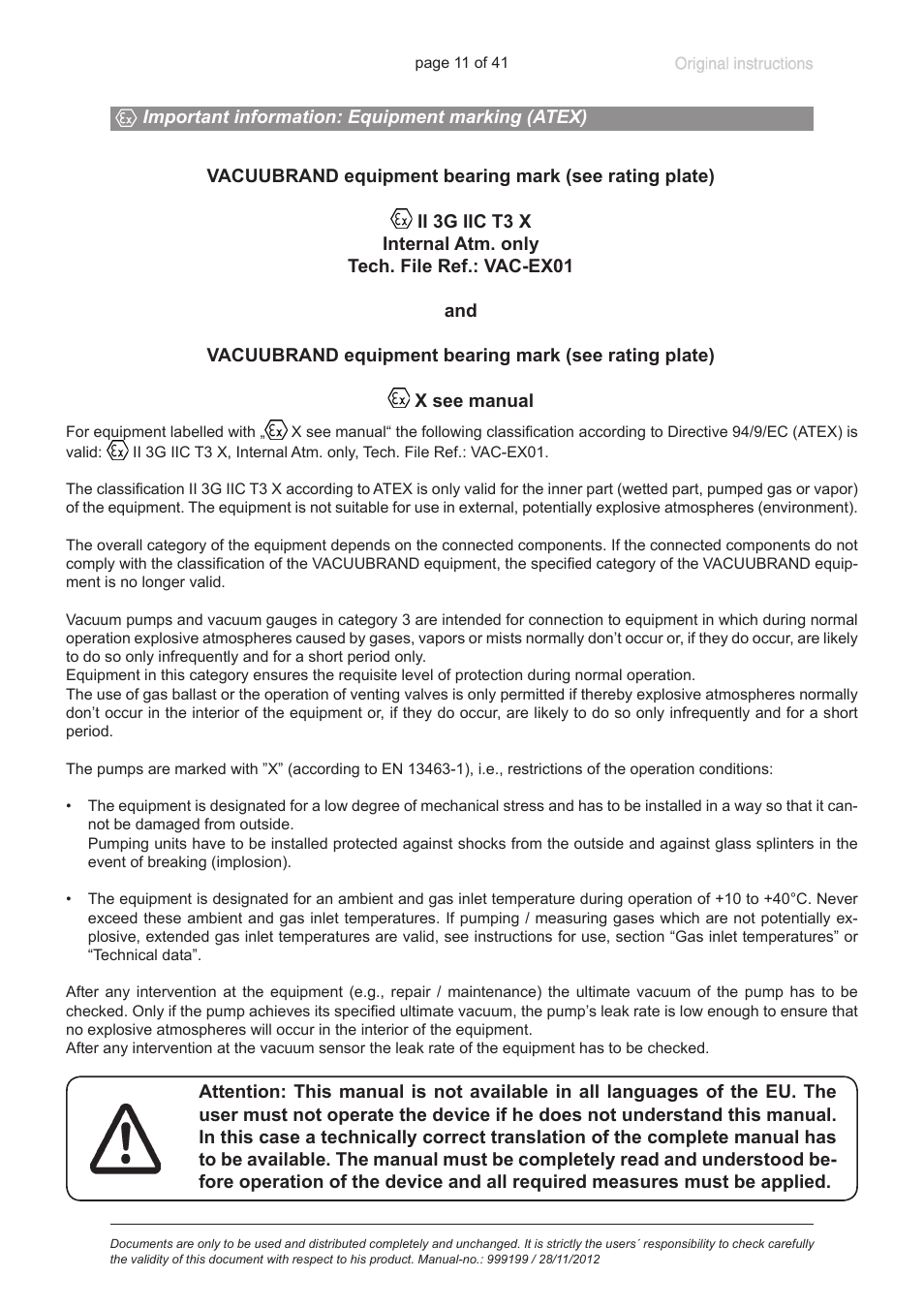 Important information: equipment marking (atex), See section, Important information: equip | Ment marking (atex)“, pg. 11 | VACUUBRAND VNC 2 E User Manual | Page 11 / 41