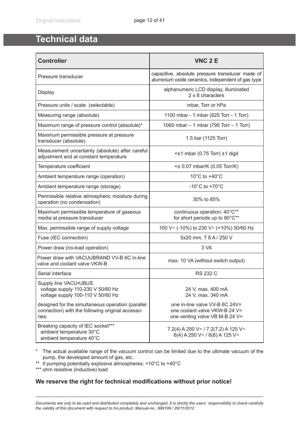 Technical data, See „technical data“, pg. 12) is not exceeded, And gas temperatures (see „technical data“, pg | 12, especially, Technical data“, pg. 12, See „technical data“, pg. 12) | VACUUBRAND VNC 2 E User Manual | Page 12 / 41