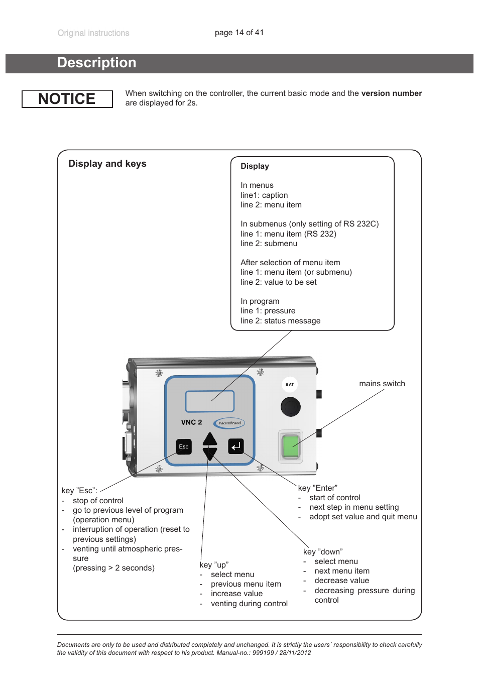 Description, Description“, pg. 14, Notice | VACUUBRAND VNC 2 E User Manual | Page 14 / 41