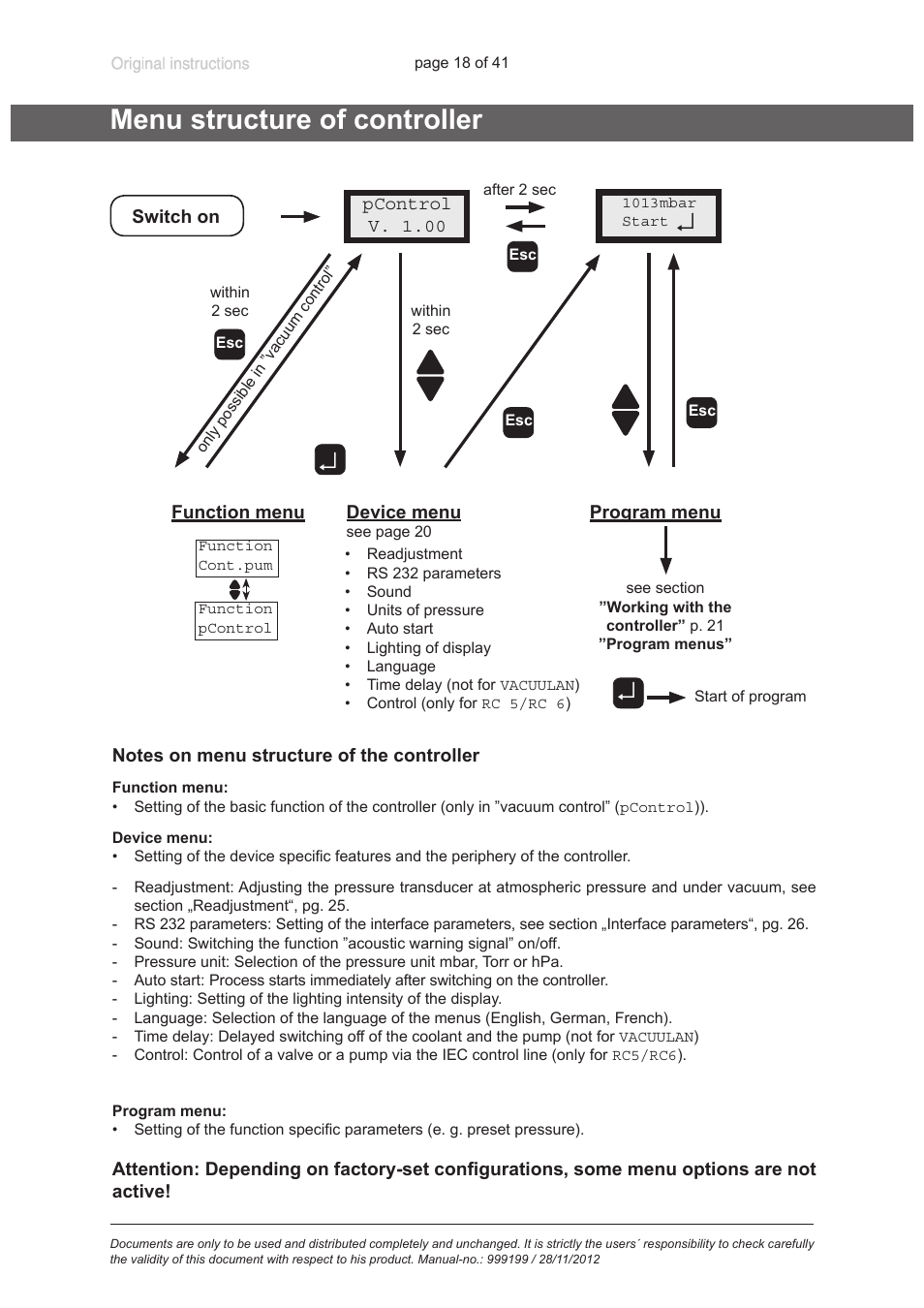 Menu structure of controller, See „menu structure of controller“, pg. 18 | VACUUBRAND VNC 2 E User Manual | Page 18 / 41