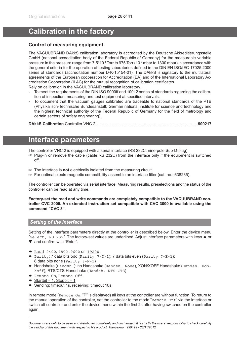 Calibration in the factory, Interface parameters, Setting of the interface | Interface parameters“, pg. 26 | VACUUBRAND VNC 2 E User Manual | Page 26 / 41