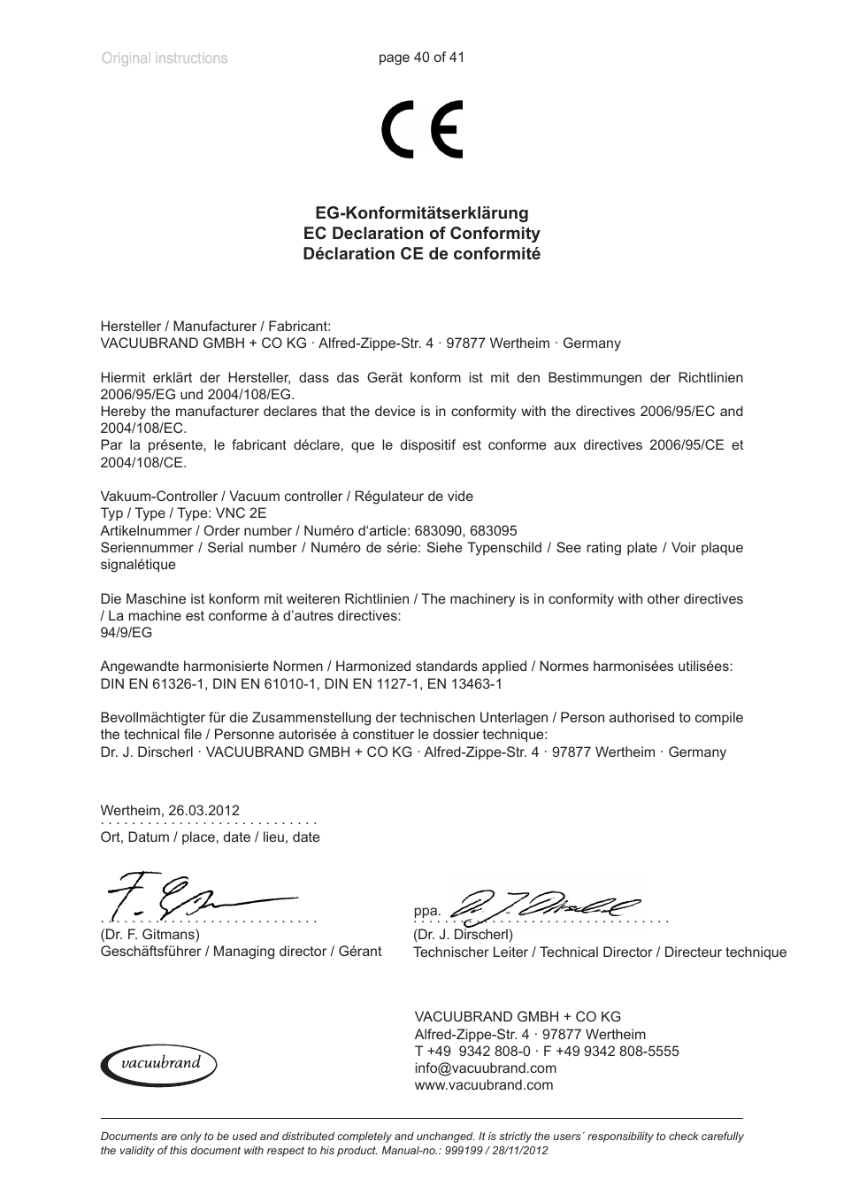 Ec declaration of conformity | VACUUBRAND VNC 2 E User Manual | Page 40 / 41