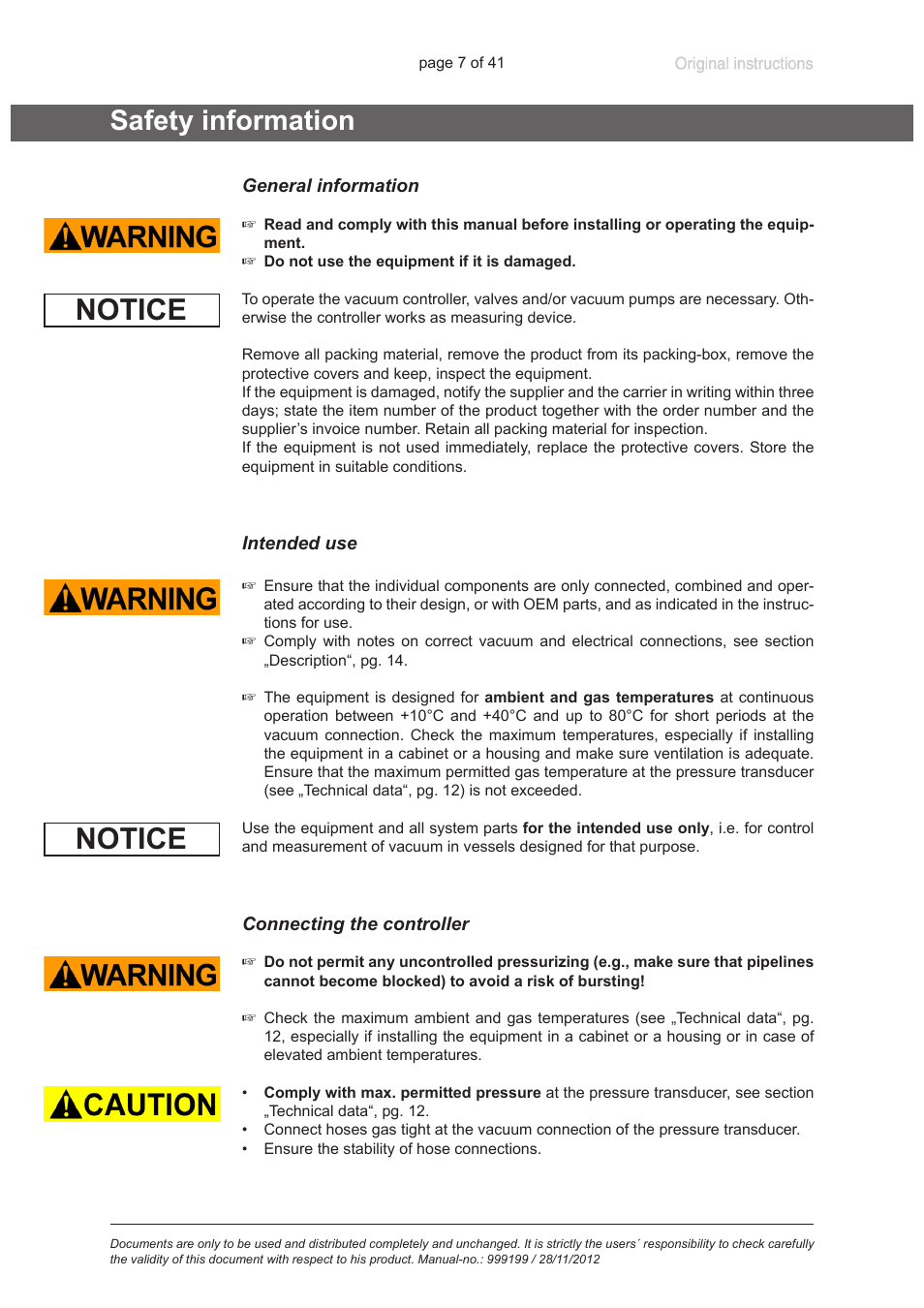 Safety information, General information, Intended use | Connecting the controller, Notice | VACUUBRAND VNC 2 E User Manual | Page 7 / 41