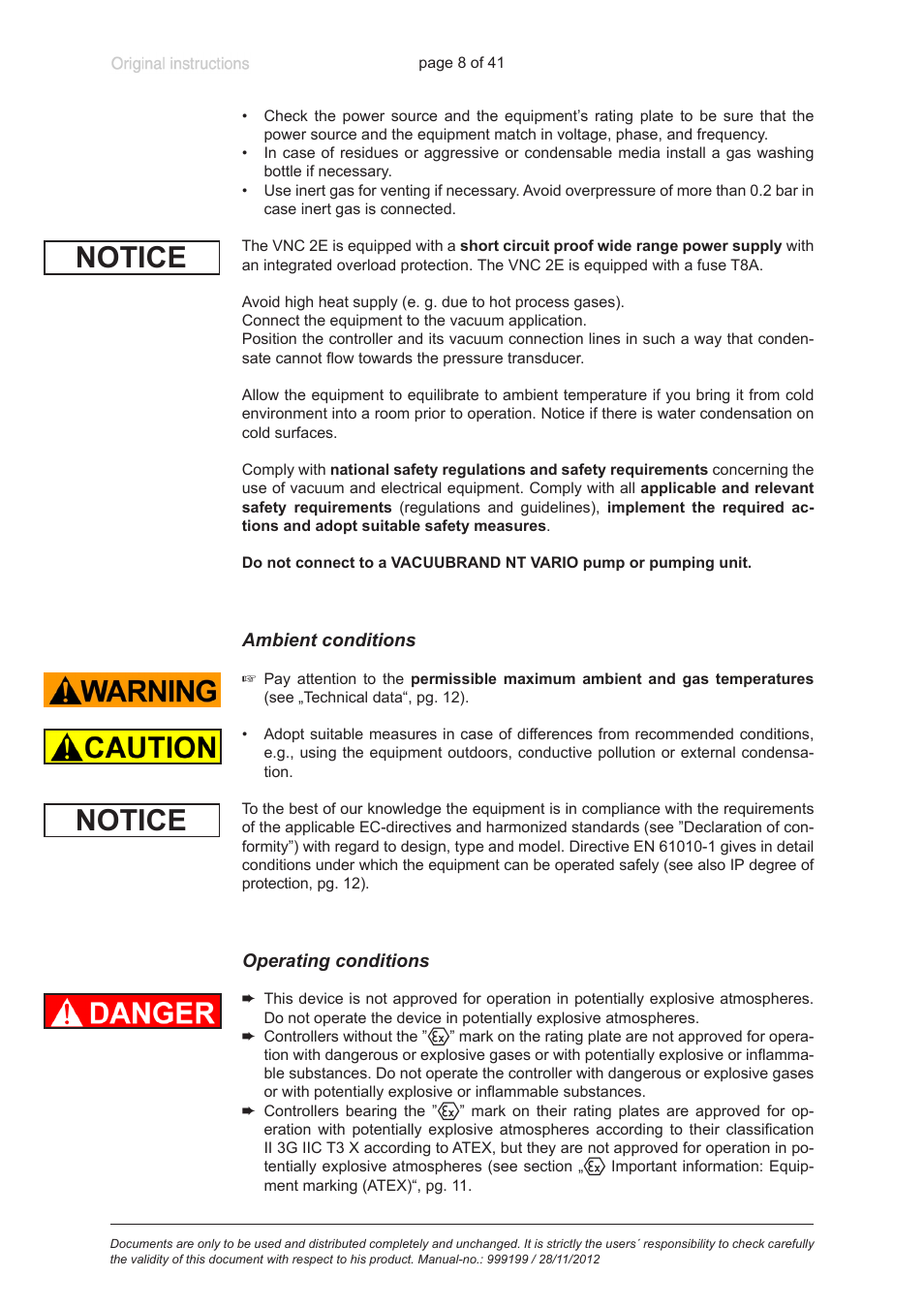 Ambient conditions, Operating conditions, Notice | VACUUBRAND VNC 2 E User Manual | Page 8 / 41