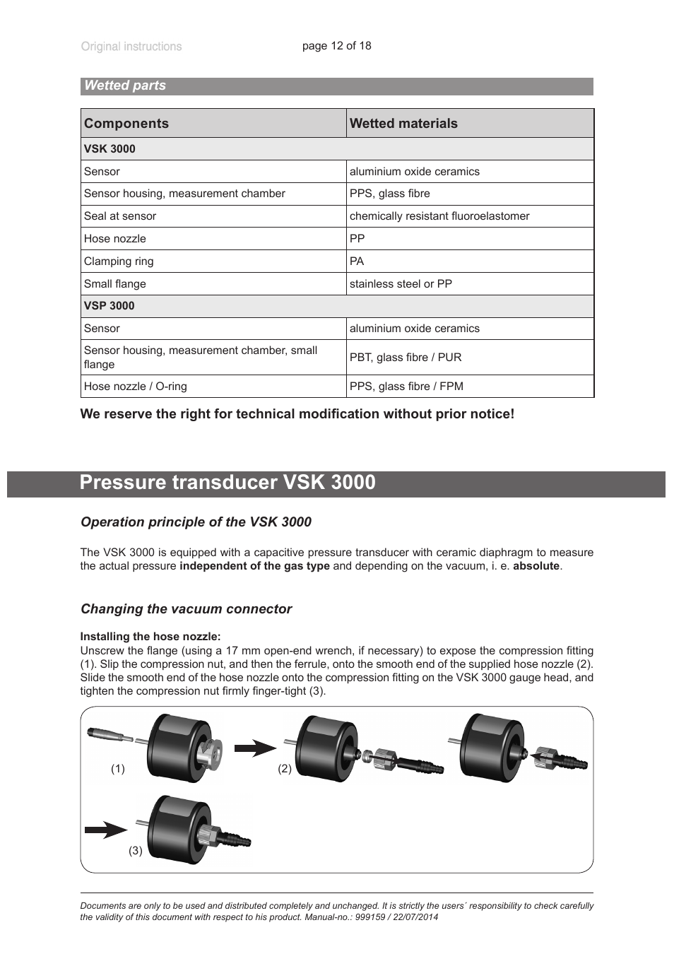 Wetted parts, Pressure transducer vsk 3000, Operation principle of the vsk 3000 | Changing the vacuum connector | VACUUBRAND VSP 3000 User Manual | Page 12 / 18