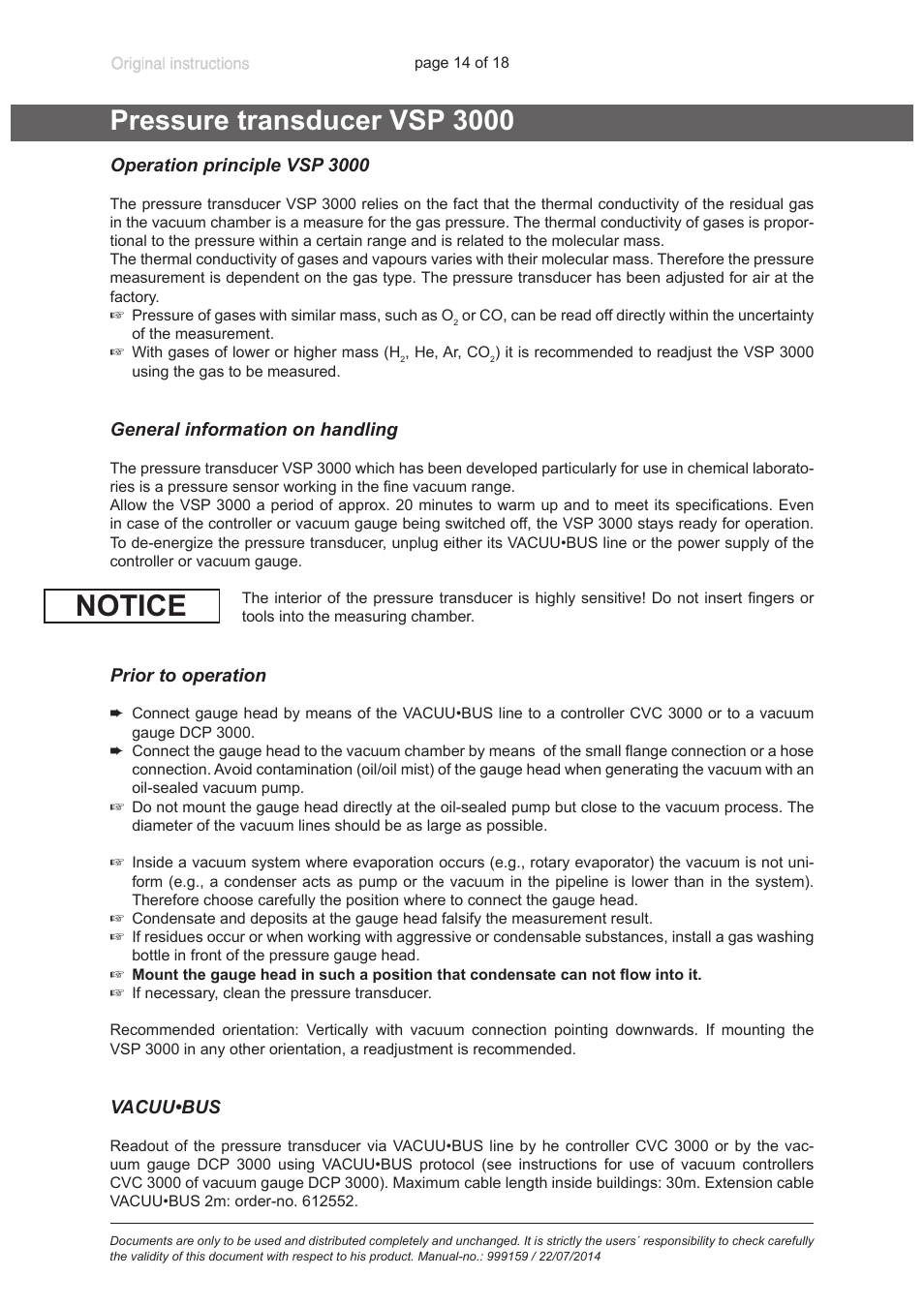 Pressure transducer vsp 3000, Operation principle vsp 3000, General information on handling | Prior to operation, Vacuu•bus, Notice | VACUUBRAND VSP 3000 User Manual | Page 14 / 18