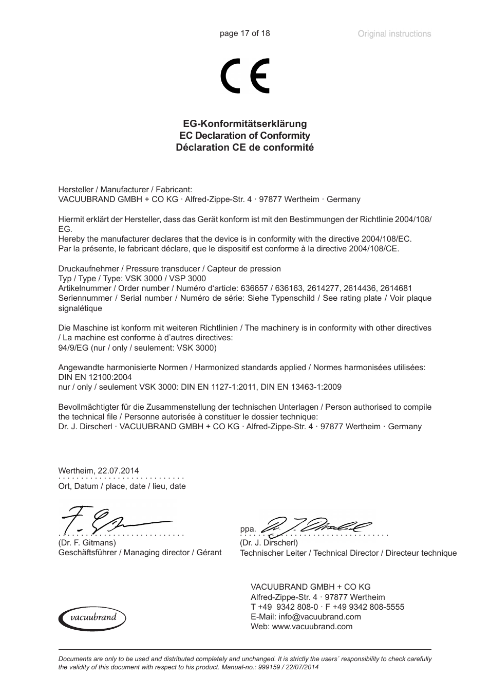 Ec declaration of conformity | VACUUBRAND VSP 3000 User Manual | Page 17 / 18