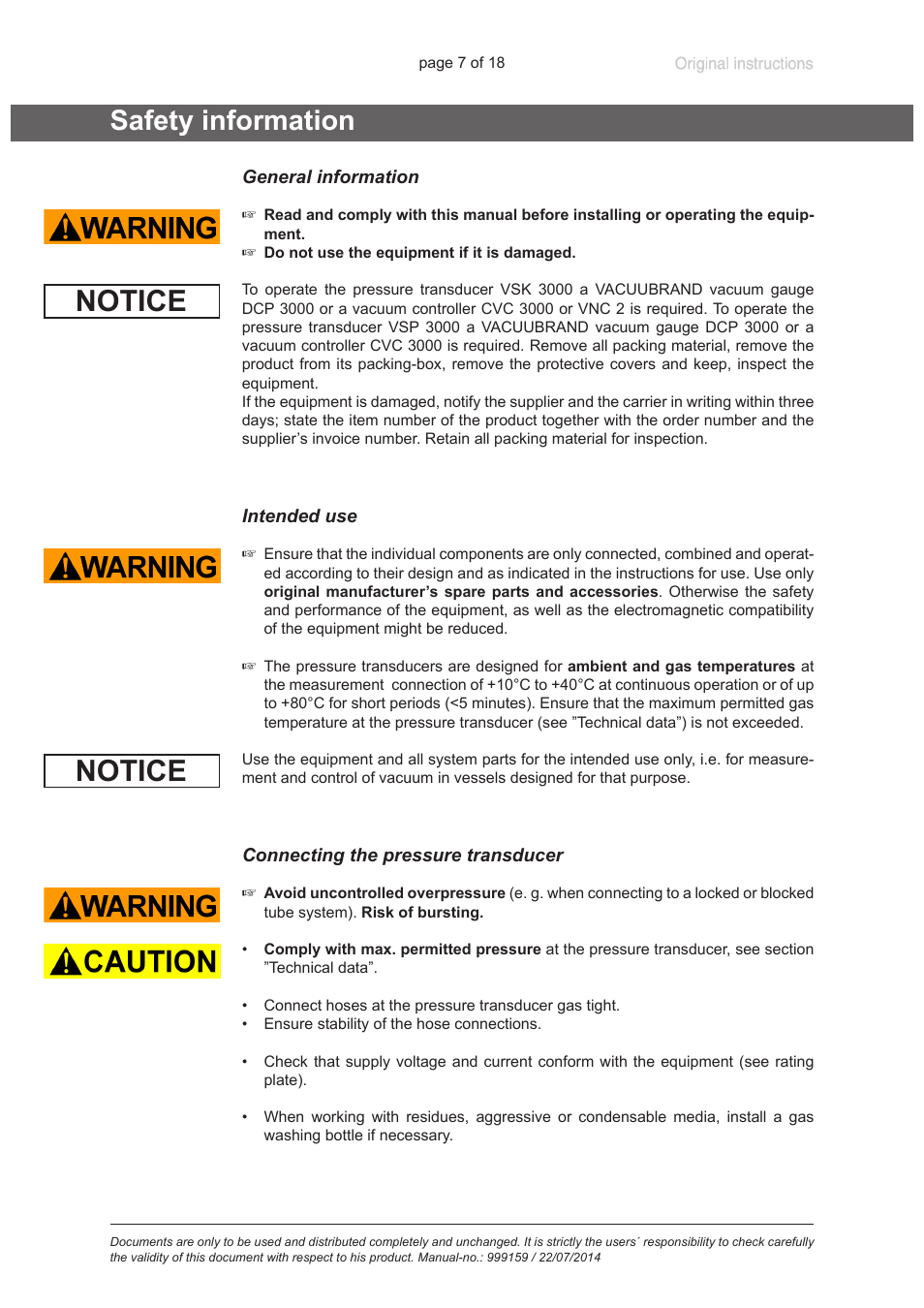 Safety information, General information, Intended use | Connecting the pressure transducer, Notice | VACUUBRAND VSP 3000 User Manual | Page 7 / 18