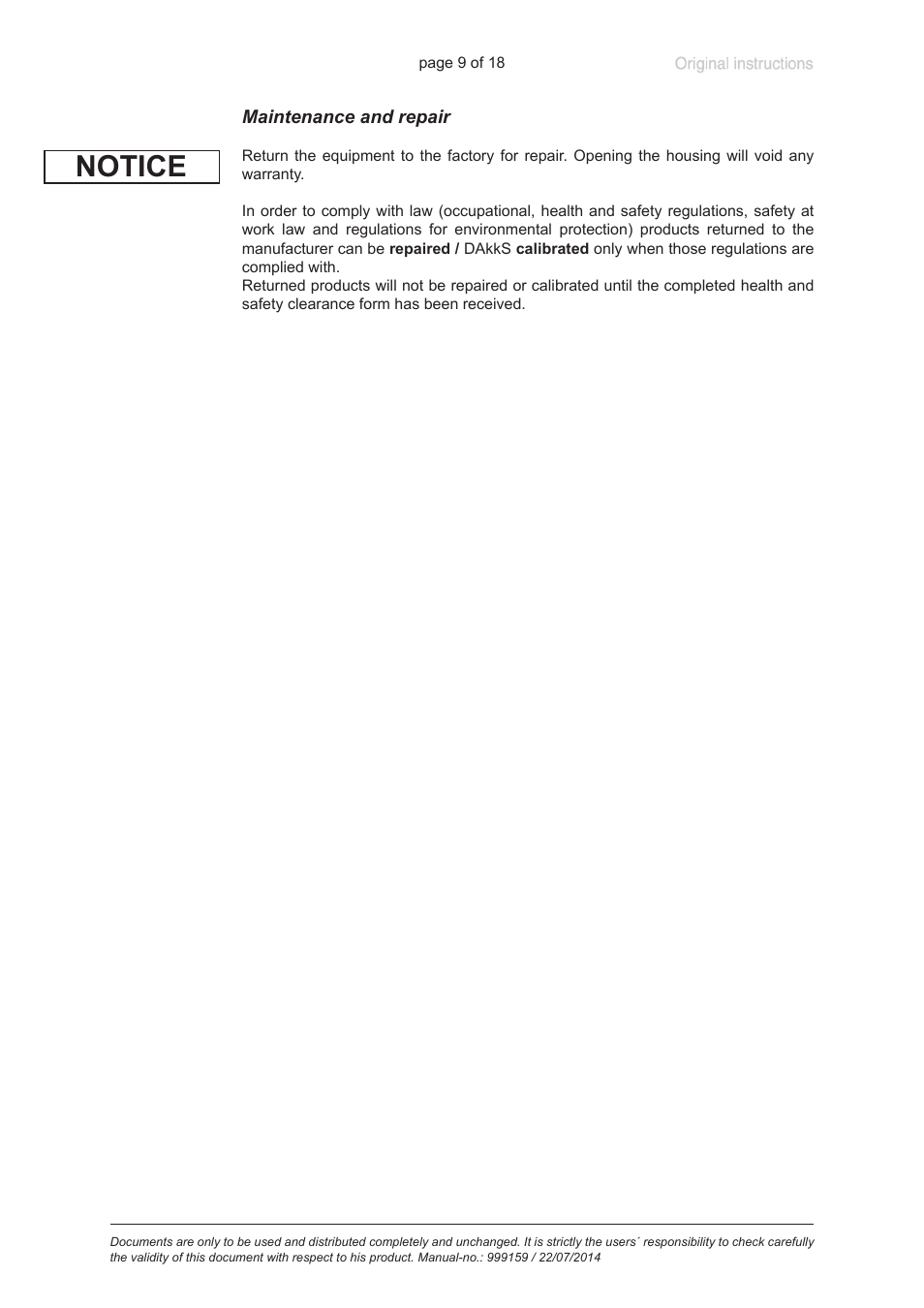 Maintenance and repair, Notice | VACUUBRAND VSP 3000 User Manual | Page 9 / 18