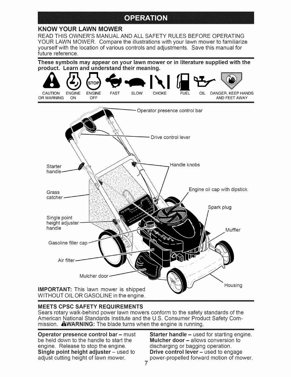 Meets cpsc safety requirements, Operation, Know your lawn mower | Craftsman 917.374941 User Manual | Page 7 / 48