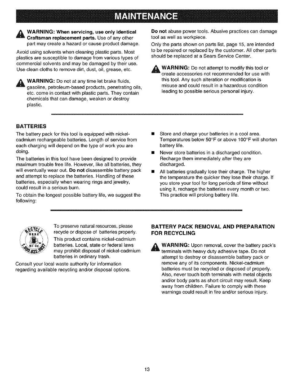 Batteries, Battery pack removal and preparation for recycling, Maintenance | Craftsman 315.114010 User Manual | Page 13 / 16