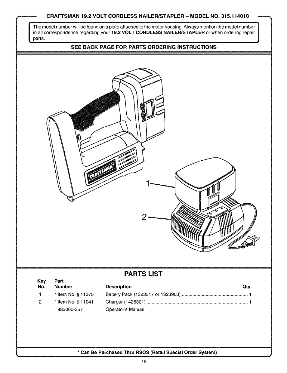 Parts list | Craftsman 315.114010 User Manual | Page 15 / 16