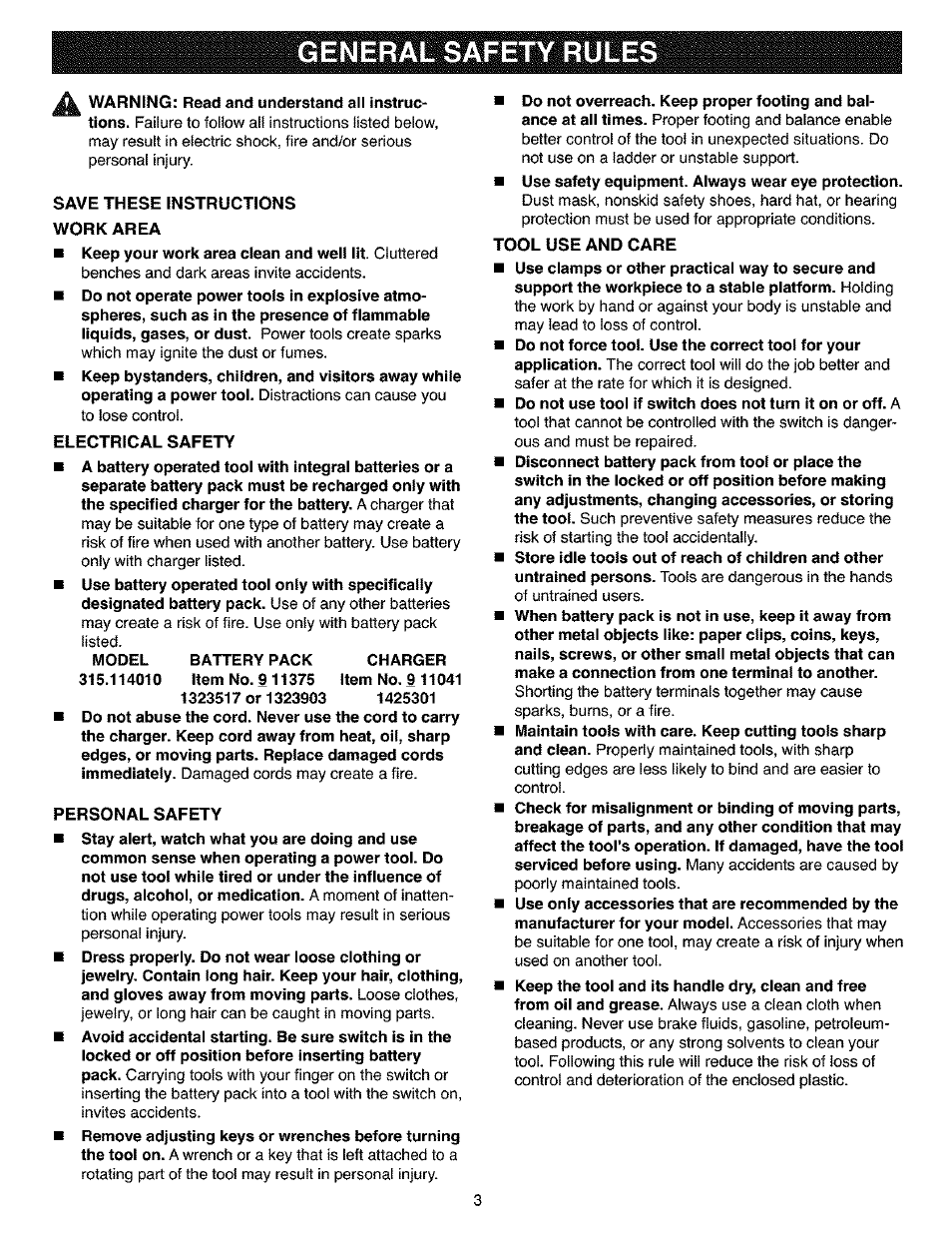 General safety rules | Craftsman 315.114010 User Manual | Page 3 / 16