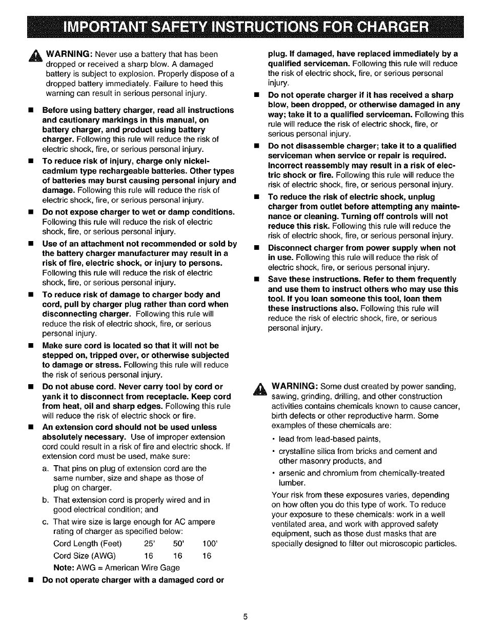 Important safety instructions for charger | Craftsman 315.114010 User Manual | Page 5 / 16