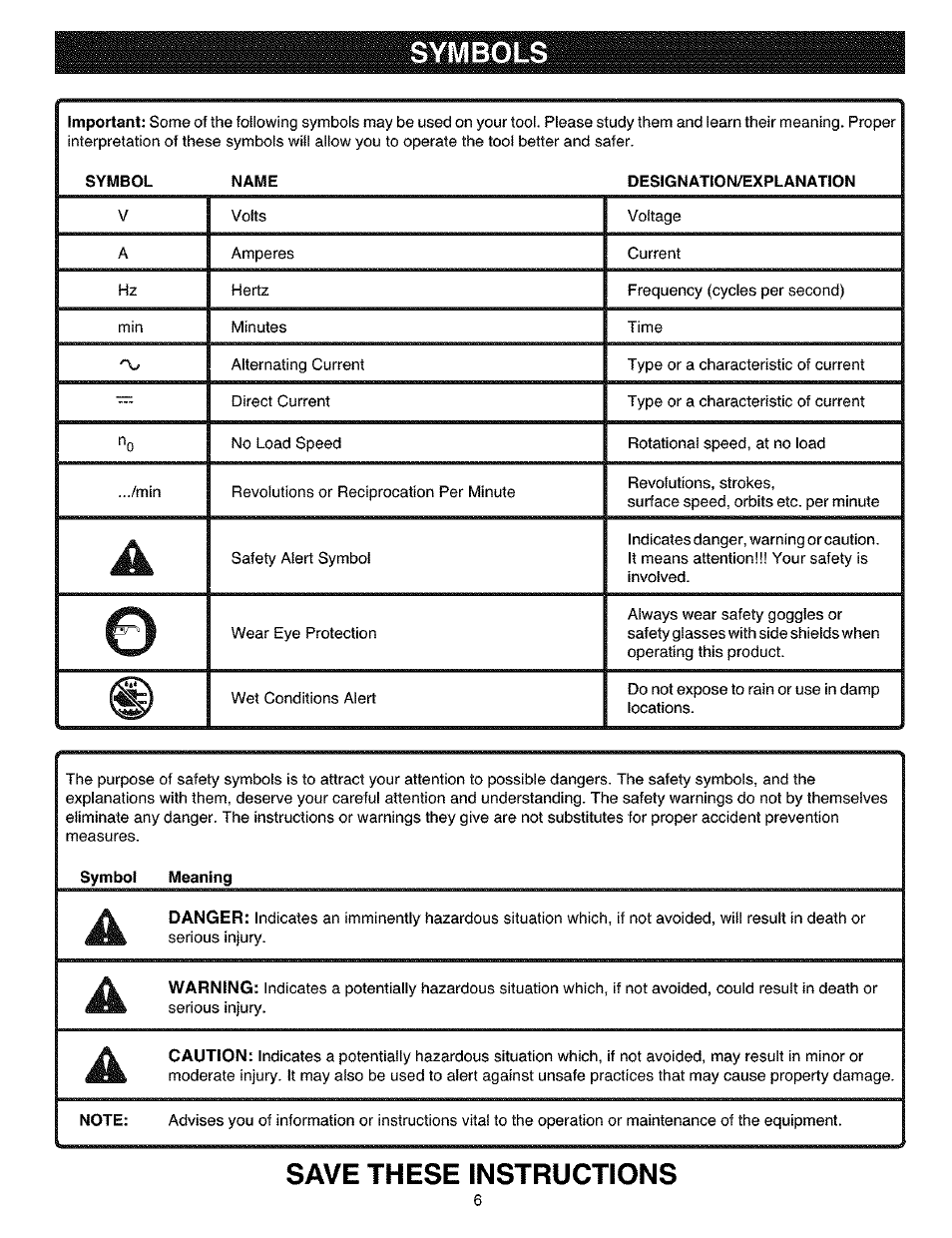 Symbols, Save these instructions | Craftsman 315.114010 User Manual | Page 6 / 16