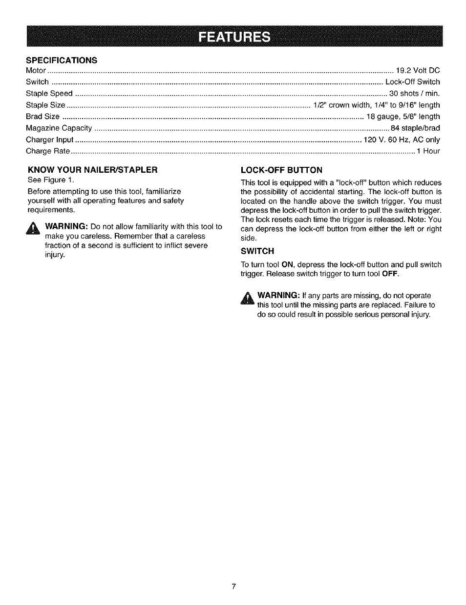 Specifications, Know your nailer/stapler, Lock-off button | Switch, Features | Craftsman 315.114010 User Manual | Page 7 / 16