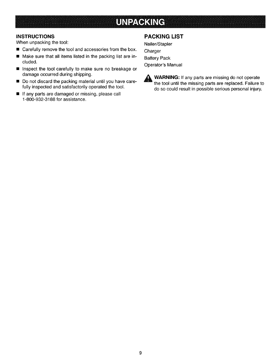 Instructions, Packing list, Unpacking | Craftsman 315.114010 User Manual | Page 9 / 16