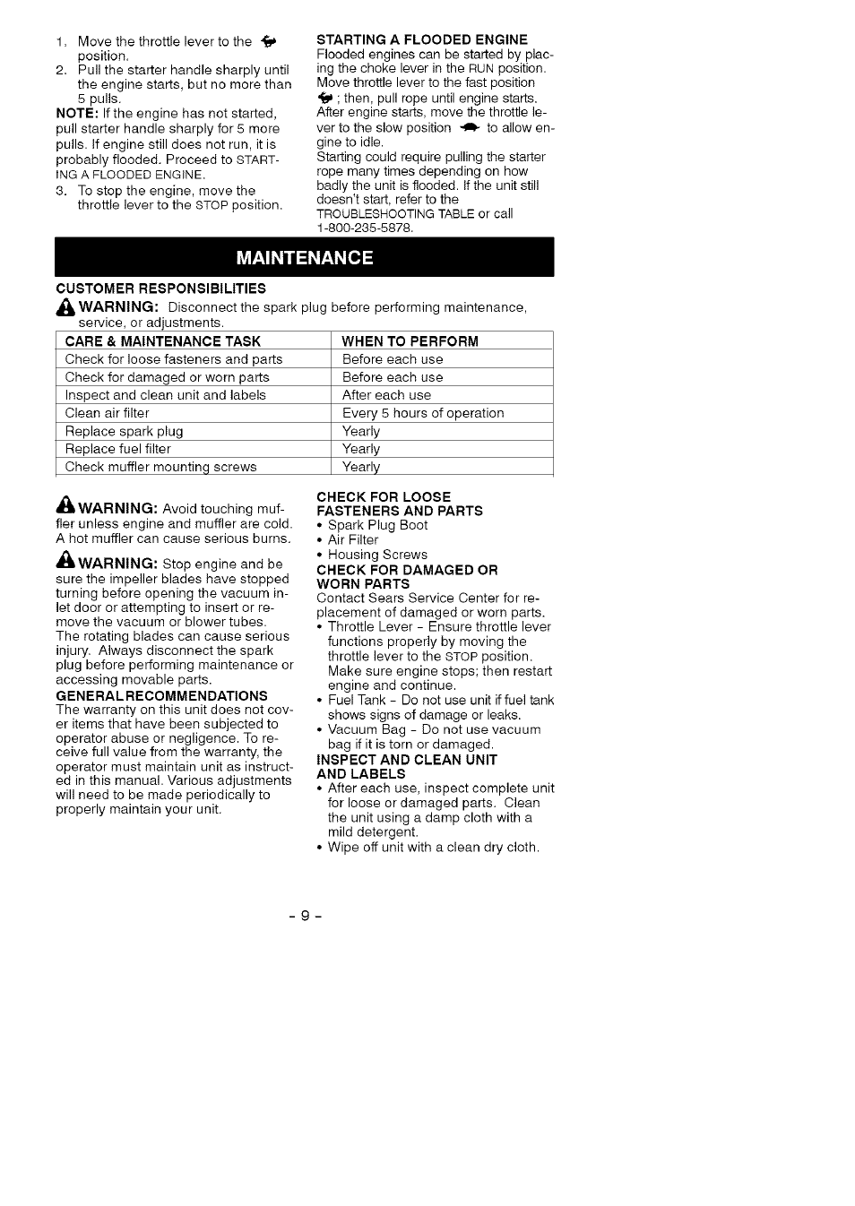 Maintenance, A warning | Craftsman 358.794941 User Manual | Page 9 / 13