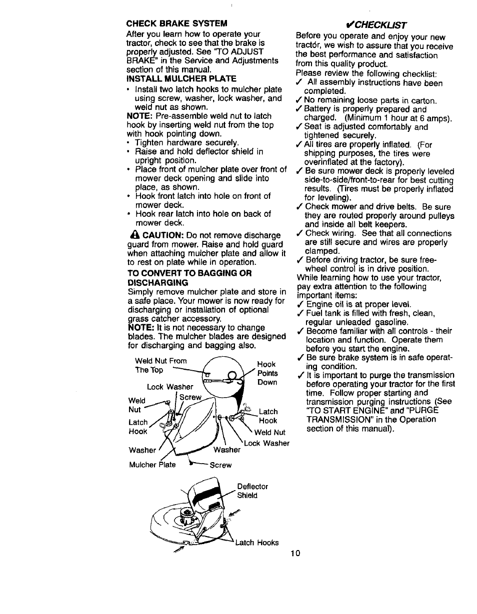 Check brake system, Install mulcher plate, To convert to bagging or discharging | Caution, T^checkust | Craftsman 917.270660 User Manual | Page 10 / 60