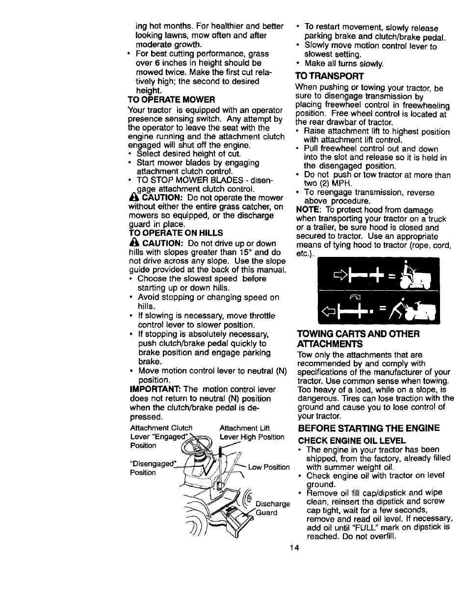 To operate mower, To operate on hills, To transport | Towing carts and other attachments, Before starting the engine, Check engine oil level, Caution, Important, Before starting the engine check engine oil level | Craftsman 917.270660 User Manual | Page 14 / 60