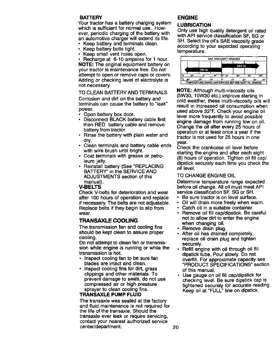 Battery, V-belts, Transaxle cooung | Engine, Transaxle pump fluid | Craftsman 917.270660 User Manual | Page 20 / 60