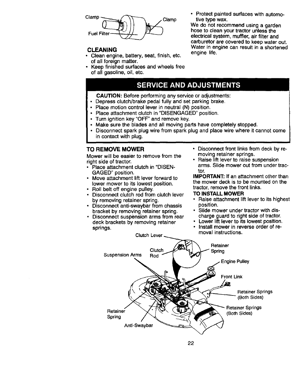 Cleaning, Service and adjustments, To remove mower | To install mower, Tift | Craftsman 917.270660 User Manual | Page 22 / 60