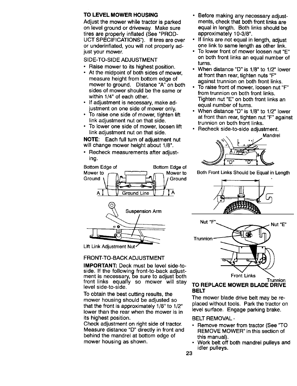 To level mower housing, To replace mower blade drive belt, Important | Craftsman 917.270660 User Manual | Page 23 / 60