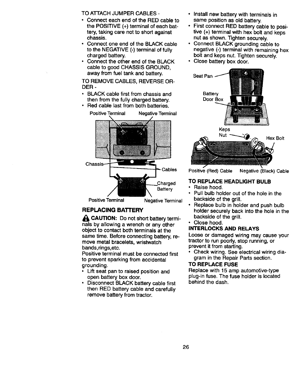 Replacing battery, To replace headlight bulb, Interlocks and relays | Caution | Craftsman 917.270660 User Manual | Page 26 / 60