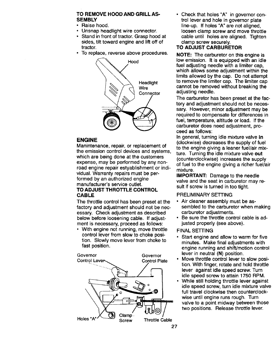 To remove hood and grill assembly, Engine, To adjust throttle control cable | To adjust carburetor, Important | Craftsman 917.270660 User Manual | Page 27 / 60
