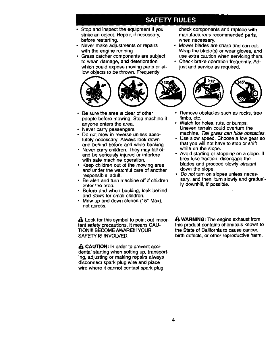 Safety rules, Down, Tall grass can hide obstacles | Straight, Caution, A warning | Craftsman 917.270660 User Manual | Page 4 / 60