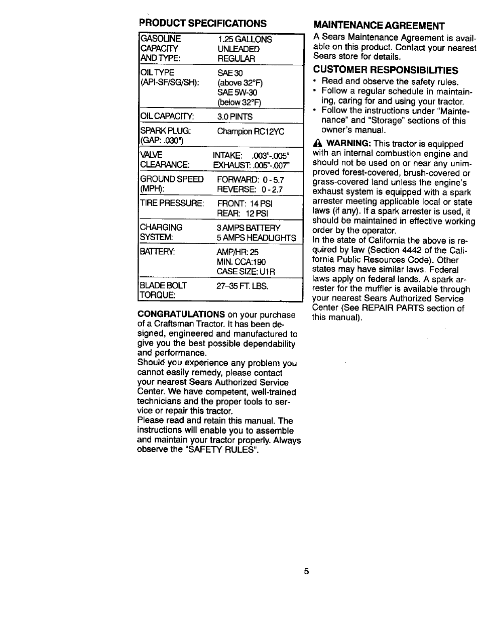 Maintenance agreement, Customer responsibilities, Product specifications | À warning | Craftsman 917.270660 User Manual | Page 5 / 60