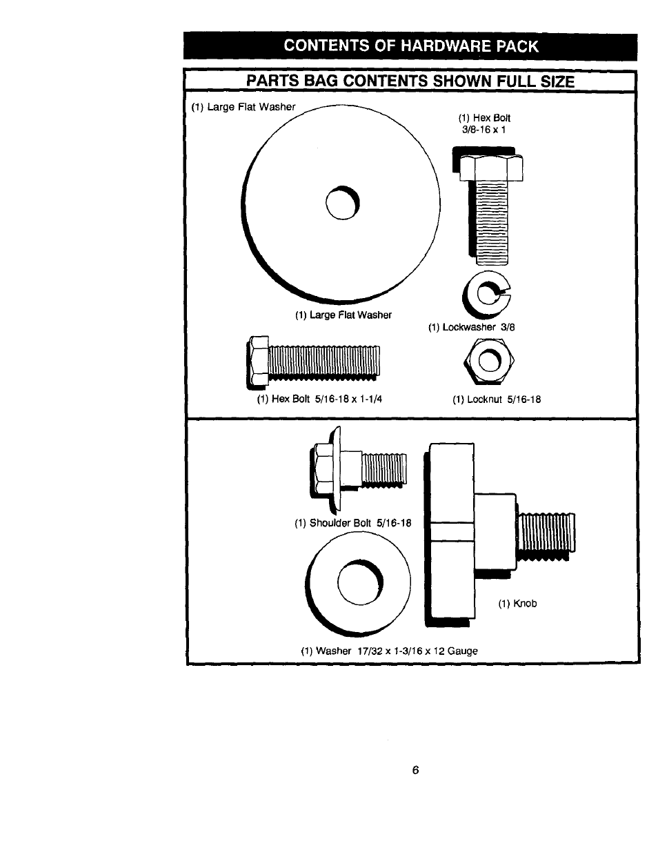 Llll, Parts bag contents shown full size, Contents of hardware pack | Craftsman 917.270660 User Manual | Page 6 / 60