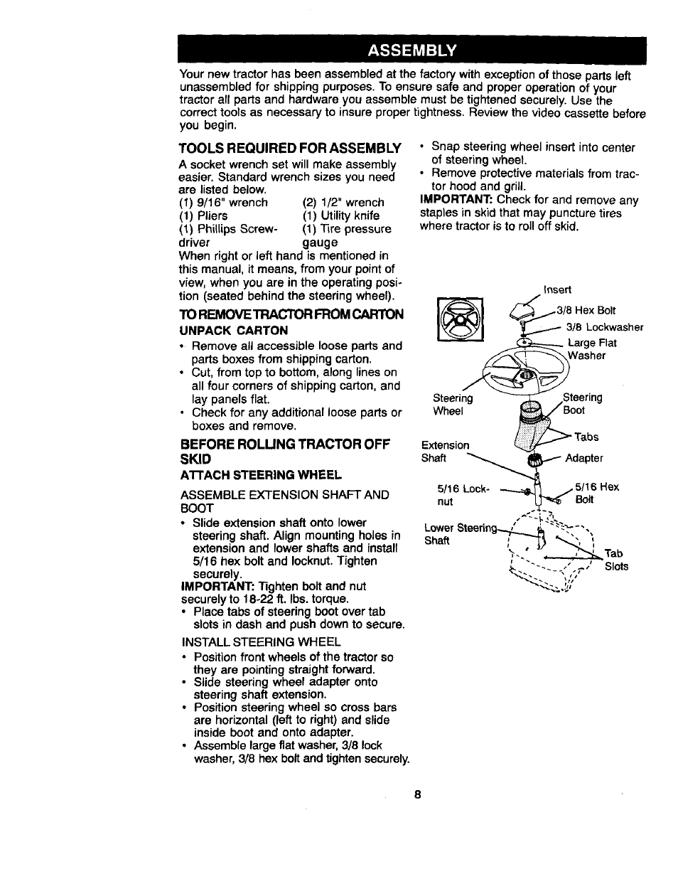 Tools required for assembly, To removetractor from carton, Unpack carton | Before rolung tractor off skid, Attach steering wheel, Assembly, Important | Craftsman 917.270660 User Manual | Page 8 / 60