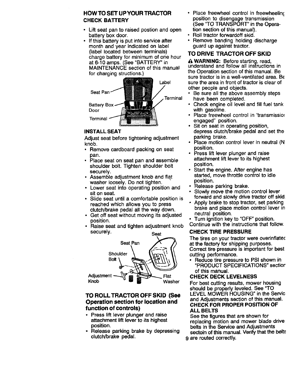 How to set up your tractor, Check battery, To drive tractor off skid | Check tire pressure, Check deck levelness, Check for proper position of all belts | Craftsman 917.270660 User Manual | Page 9 / 60