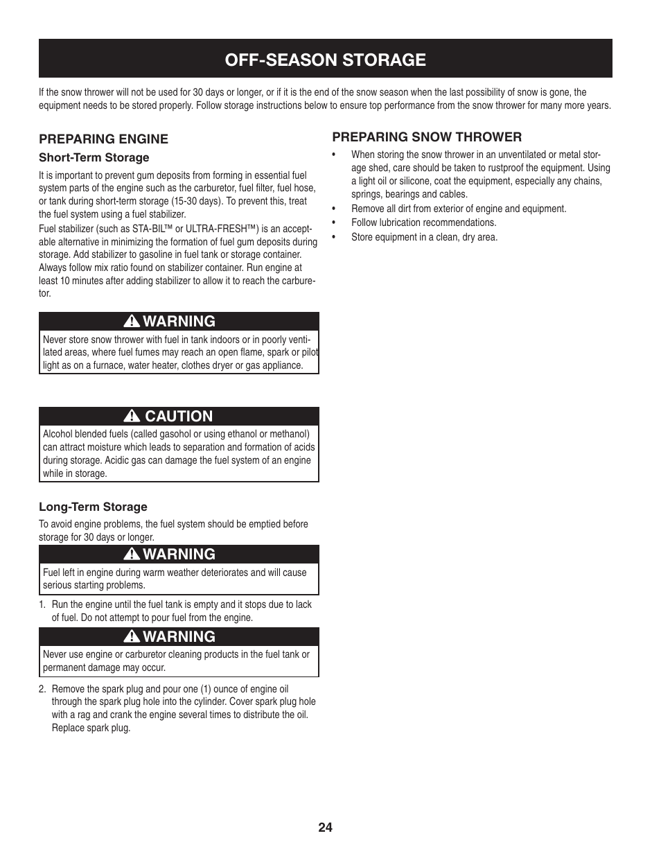 Off-season storage, Warning, Caution | Craftsman 247.8819 User Manual | Page 24 / 64