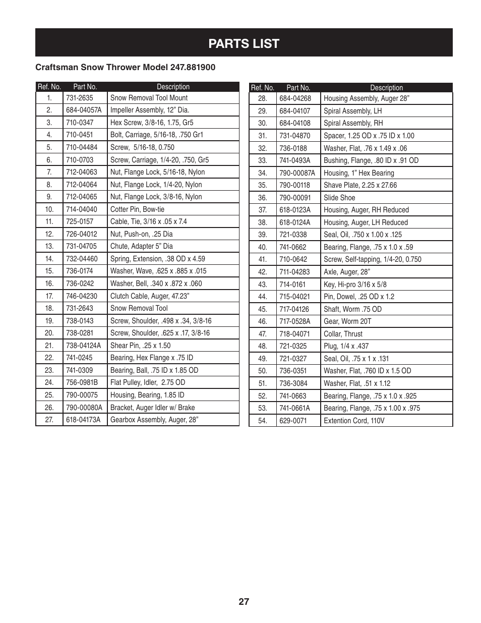 Parts list | Craftsman 247.8819 User Manual | Page 27 / 64