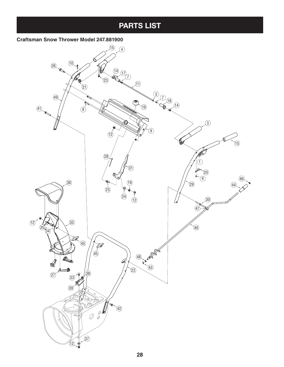 Parts list, Craftsman snow thrower model .100 | Craftsman 247.8819 User Manual | Page 28 / 64
