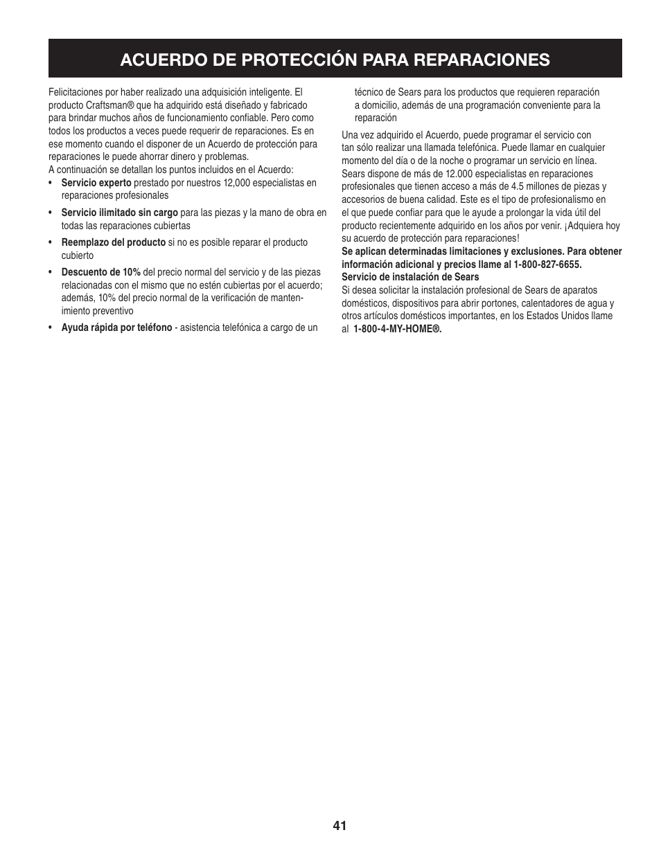 Acuerdo de protección para reparaciones | Craftsman 247.8819 User Manual | Page 41 / 64