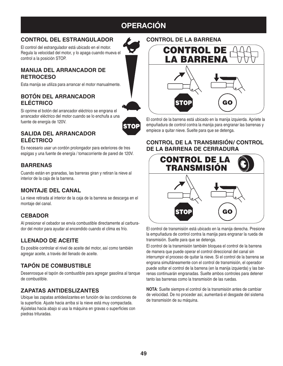 Control de la barrena, Control de la transmisión, Operación | Craftsman 247.8819 User Manual | Page 49 / 64