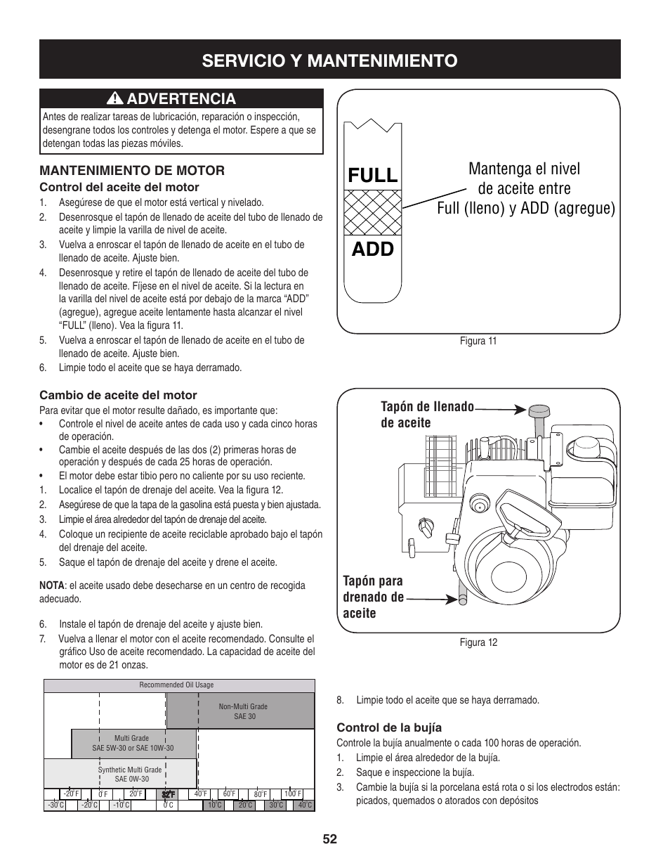 Full add, Servicio y mantenimiento, Mantenga el nivel | De aceite entre full (lleno) y add (agregue), Advertencia, Mantenimiento de motor, Control del aceite del motor, Cambio de aceite del motor, Control de la bujía | Craftsman 247.8819 User Manual | Page 52 / 64