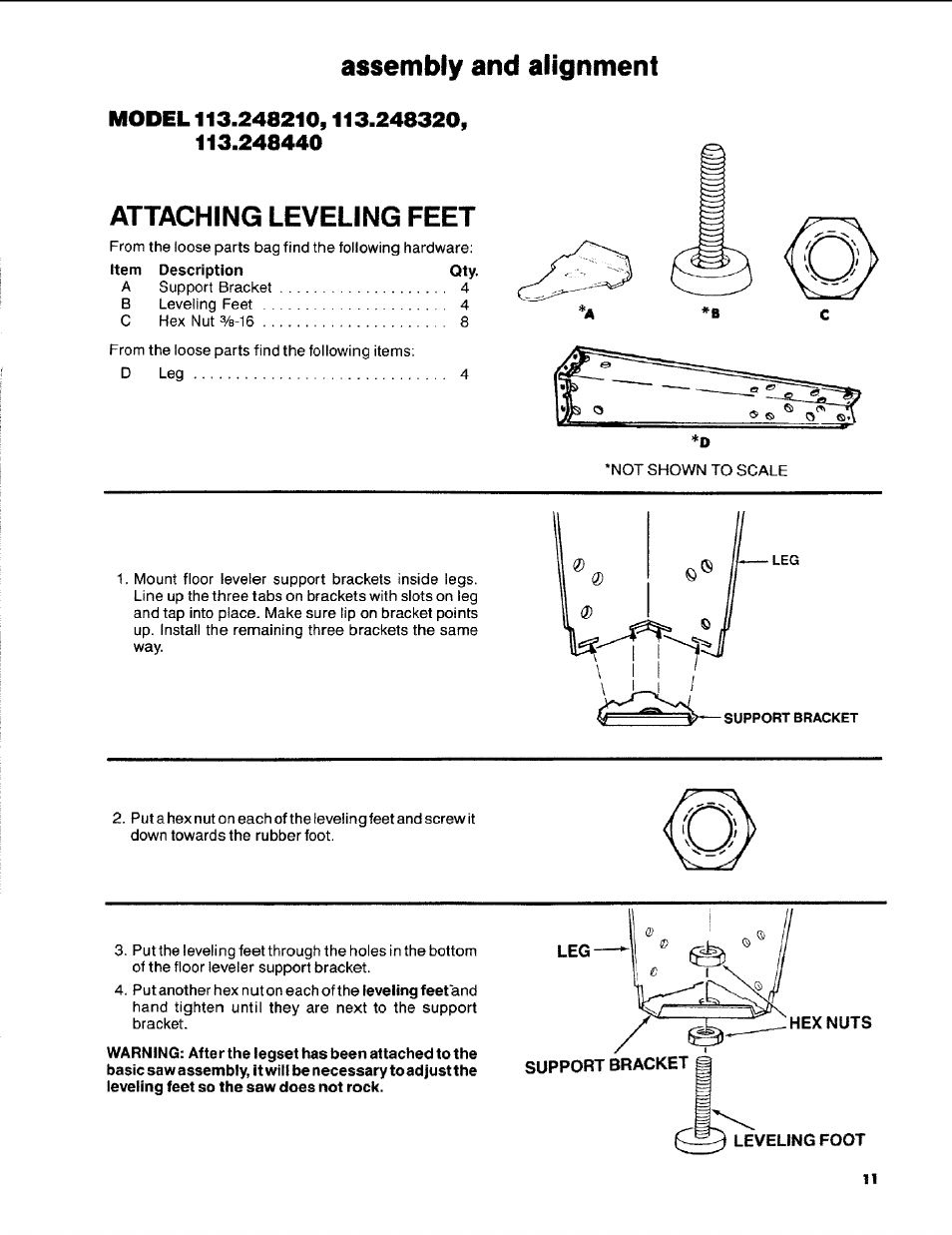 Model 113.248210,113.248320, 113.248440, Attaching leveling feet | Craftsman 113.248510 User Manual | Page 11 / 52