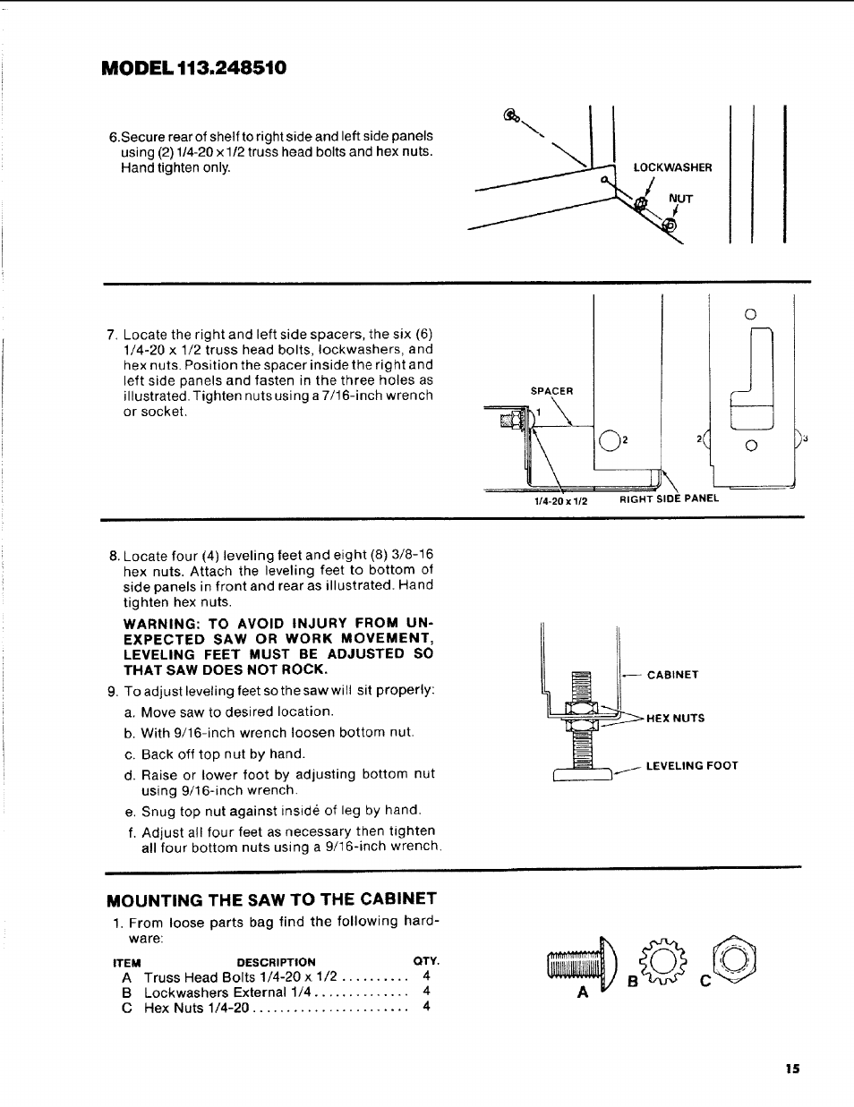 Mounting the saw to the cabinet, Mounting the saw to the cabinet -16 | Craftsman 113.248510 User Manual | Page 15 / 52