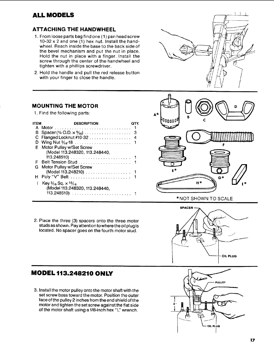 Attaching the handwheel, Mounting the motor, Model 113.248210 only | Mounting door attaching the handwheel | Craftsman 113.248510 User Manual | Page 17 / 52