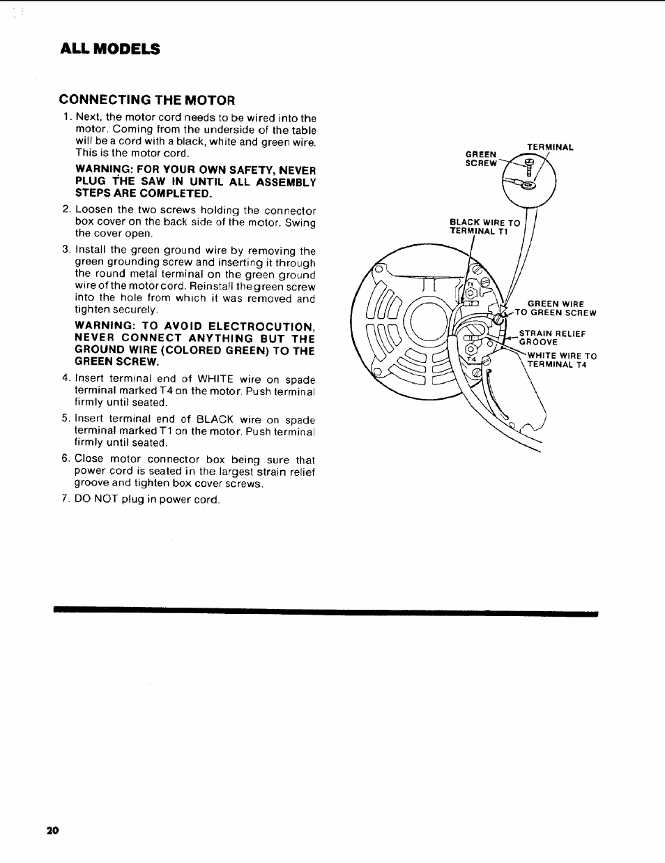 Connecting the motor, Mounting the motor -19, All models | Craftsman 113.248510 User Manual | Page 20 / 52