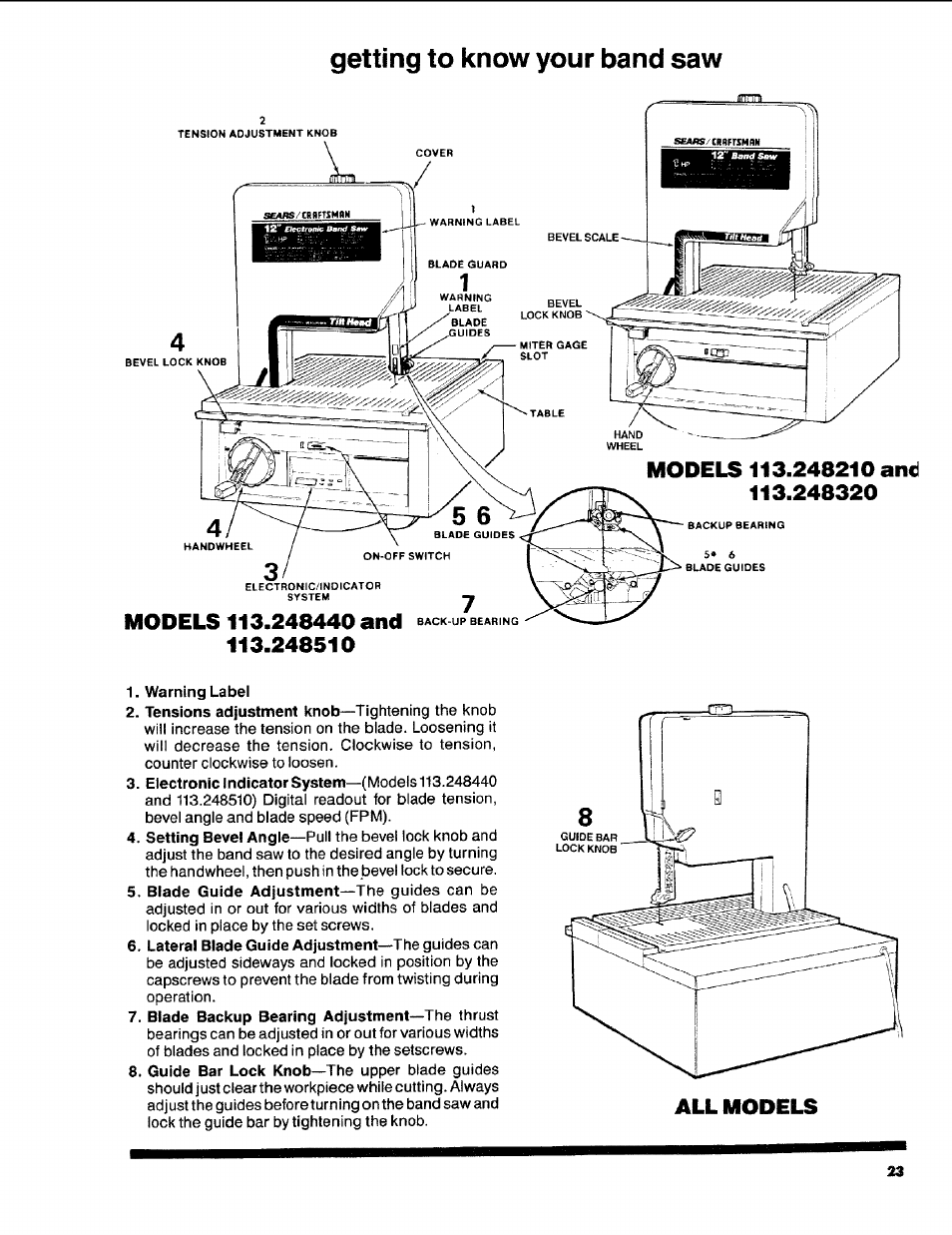 Getting to know your band saw, Warning label | Craftsman 113.248510 User Manual | Page 23 / 52