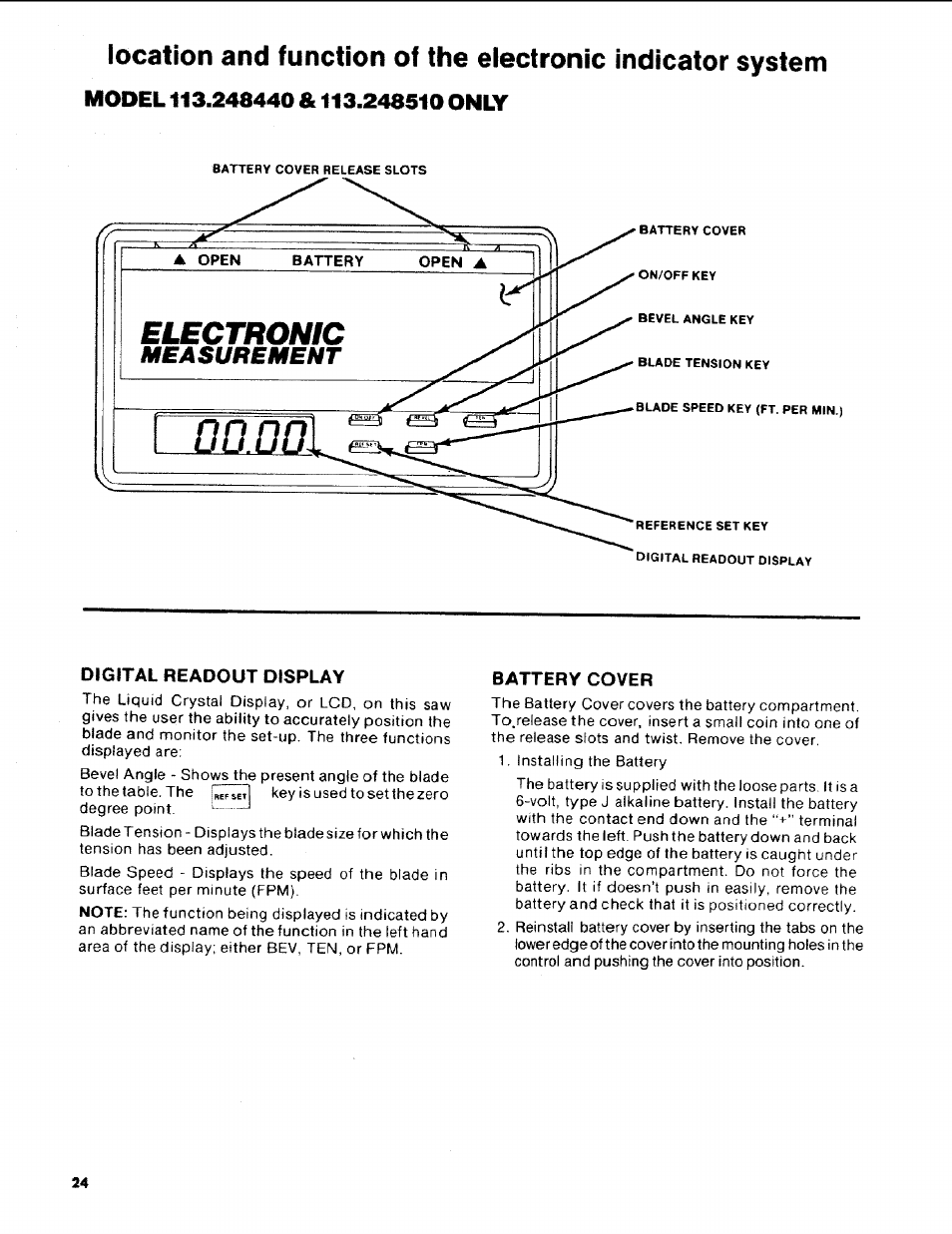 Model 113.248440 & 113.248510 only, Digital readout display, Battery cover | Electronic, Dodo, Measurement | Craftsman 113.248510 User Manual | Page 24 / 52