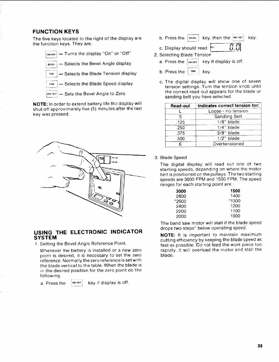 Function keys, Using the electronic indicator system, Electronic indicator system -25 | Craftsman 113.248510 User Manual | Page 25 / 52