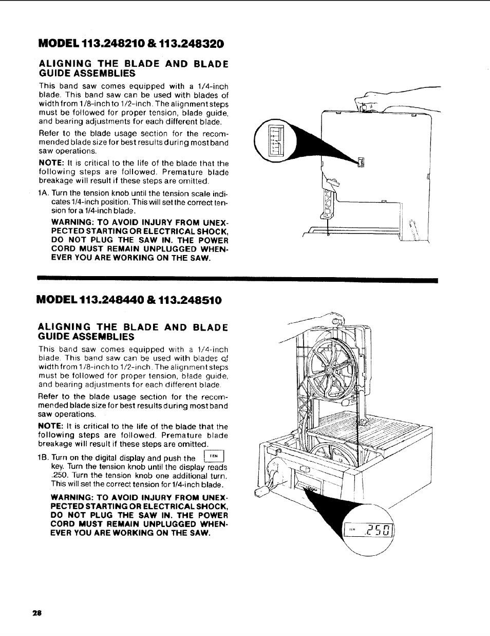 Model 113.248210 & 113.248320, Aligning the blade and blade guide assemblies, Model 113.248440 & 113.248510 | Craftsman 113.248510 User Manual | Page 28 / 52