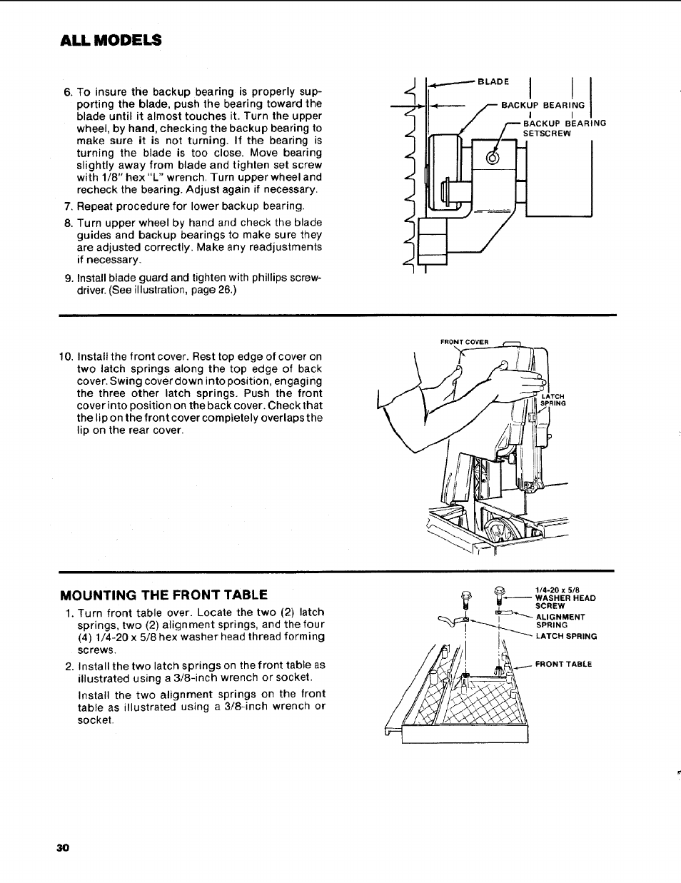 Mounting the front table, Mounting the front table -32, Models | Craftsman 113.248510 User Manual | Page 30 / 52